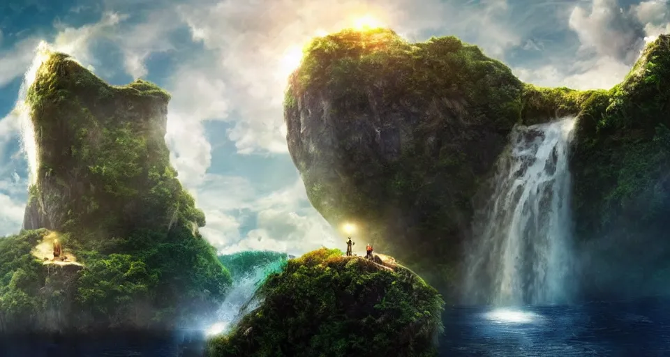 Image similar to A magnificent floating island in the sky above the sea, defying gravity, floating island, flying island, waterfall falling down, epic lighting, epic composition, highly detailed