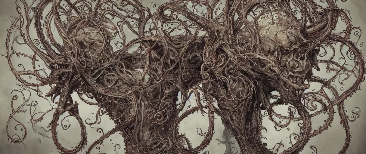 Prompt: centered horrifying detailed side view profile portrait of a insane, crazed, mad old bald zombie, eldritch abomination, dunwitch horror, ornate tentacles growing around, ornamentation, thorns, vines, tentacles, elegant, beautifully soft lit, full frame, 8 k by wayne barlowe, peter mohrbacher, kelly mckernan, h r giger