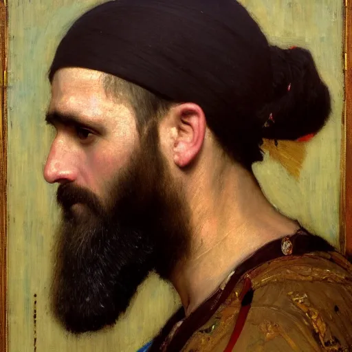 Image similar to orientalist painting of a balding bearded man with a square jaw intricate portrait by john william waterhouse and Edwin Longsden Long and Theodore Ralli and Nasreddine Dinet, oil on canvas. Cinematic, hyper realism, dramatic lighting, high detail 8k