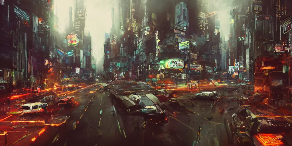 Prompt: a guatemalan crowded cyberpunk city with the fifth element vibe with neon ads and signs with evocative dramatic mood with blade runner vibe with cars and floating vehicles with motion blur with depth of field with bloom with lightshaft with volumetric lights, fog, by jeremy mann, oscar winning graphics, photo realistic, bloom, imax, dynamic lighting, artstation,