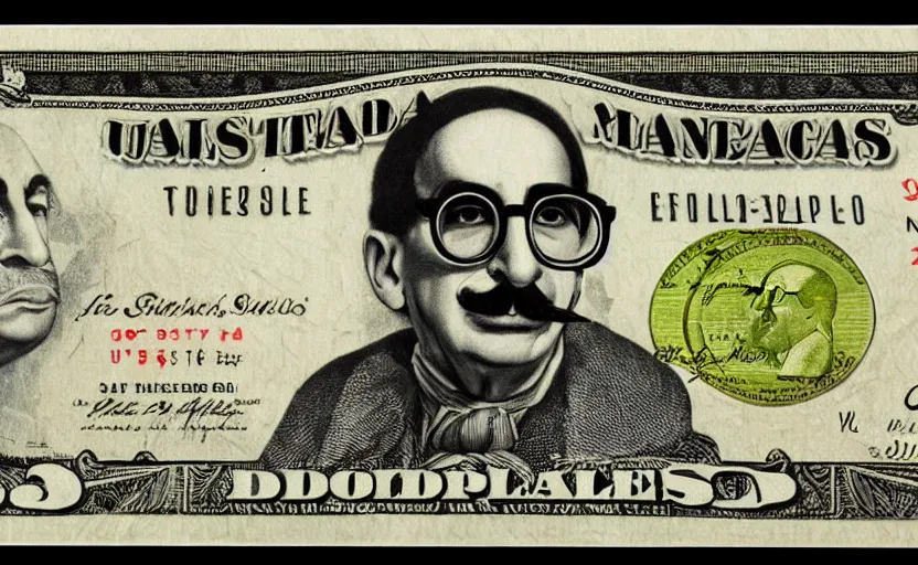 Prompt: rectangular photograph of three dollar u. s. currency note featuring groucho marx