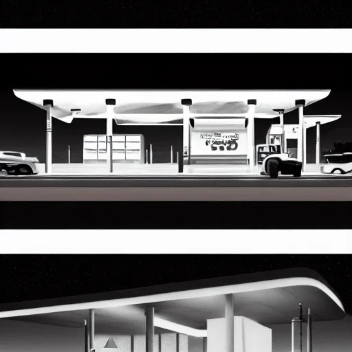 Prompt: a matte painting of a gas station at night by james gilleard, emiliano ponzi, george ault, bauhaus, retrofuturism, concept art, matte background, matte drawing