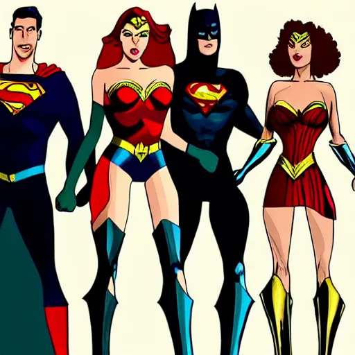 Image similar to gender swapped justice league, highly detailed, high quality, high resolution