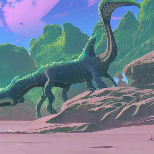 Image similar to concept art painting of an alien world full of alien dinosaurs, detailed, cel shaded, in the style of makoto shinkai and moebius and james gurney