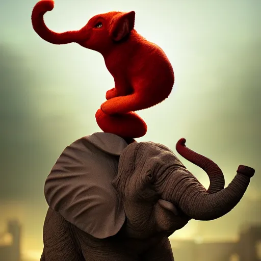 Image similar to a hyperrealistic photograph 3D octane render of a small red cat riding on a huge elephant in the park on a sunny day, trending on artstation, 4K, dramatic lighting, glowing, volumetric lighting, ray tracing, unreal engine