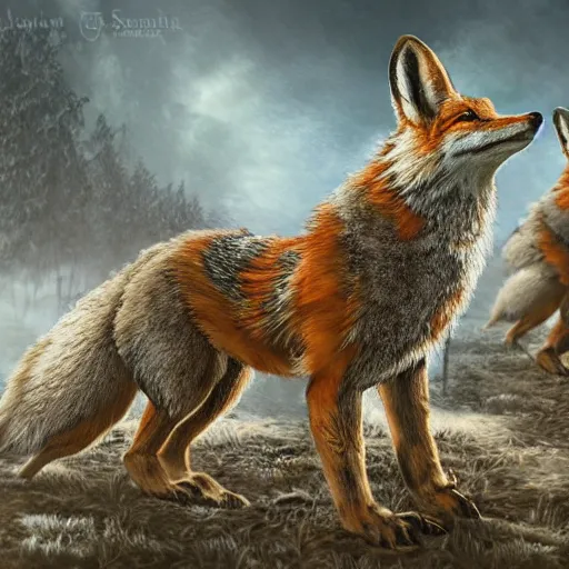 Image similar to professional art of an army of armored foxes, epic, narnia style, highly detailed, high quality, HD, 8K, award-winning