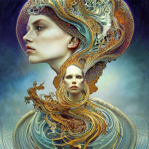 Prompt: queen of jupiter by iris van herpen, alphonse mucha, zdzisław beksinski, raymond swanland. highly detailed!, hyper! - real!, beautiful!