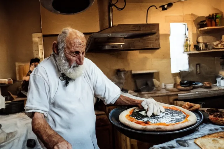 Image similar to an old italian man making pizza in skyrim, fisheye lens