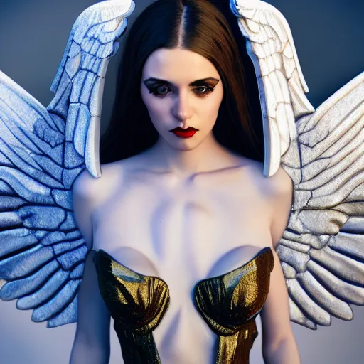 Image similar to fantasy angel with wings inspired avant - garde art, deco fashion, highly detailed, photorealistic portrait, bright studio setting, studio lighting, crisp quality and light reflections, unreal engine 5 quality render