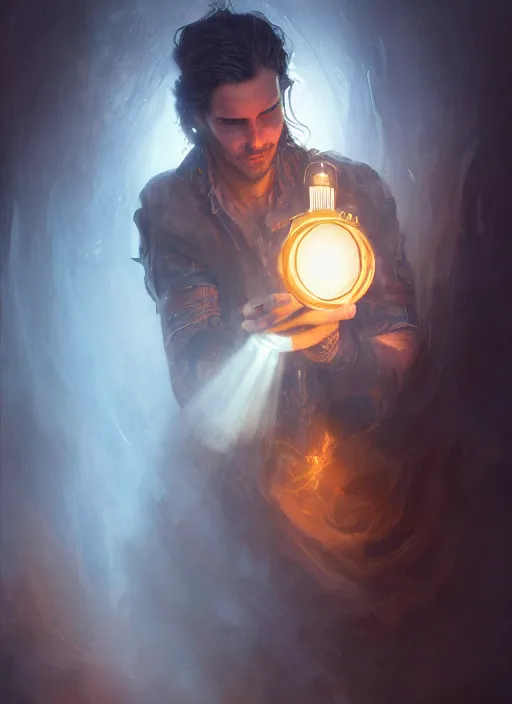 Image similar to portrait of a man with long black hair in brown rags holding a glowing device, fantasy, digital painting, volumetric light, intricate, sharp, focus, bloom, illustration, highly detailed, concept art, matte, ruan jia, randy vargas, greg rutkowski
