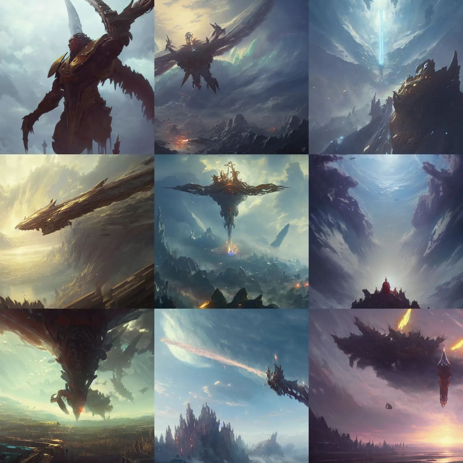 Prompt: A gigantic Worldslayer, flying in the sky, in the style of Hachmyta and greg rutkowski and thomas kinkade, cinematic, detailed, epic, trending on artstation