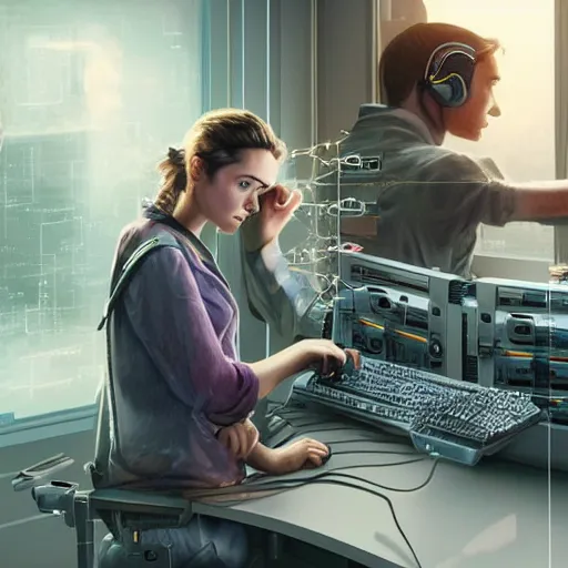 Prompt: illustration an it guy who is plugging a girl through cables to a computer and it cabinet. the girl looki like a mix of emma watson and scarlett johansson and nathalie portman, very details, cinematic render, matte painting by david rutkowski, by artgem