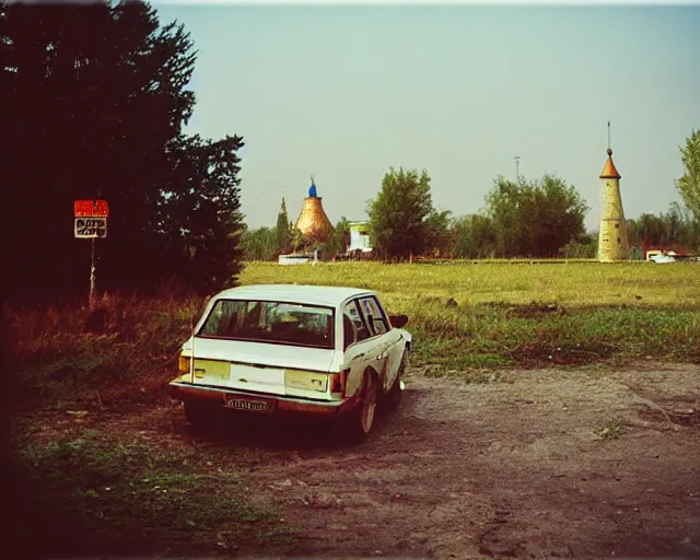 Image similar to a lomographic photo of old lada 2 1 0 7 standing in typical soviet yard in small town, hrushevka on background, cinestill, bokeh