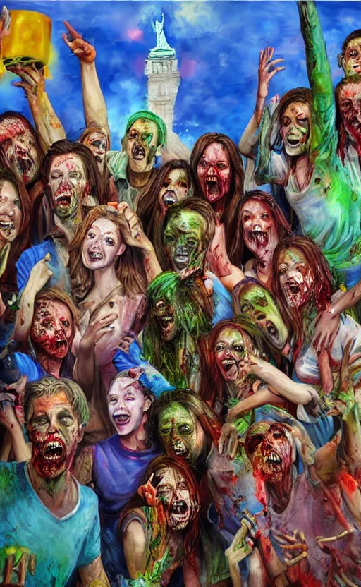 Prompt: beautiful detailed photorealistic painting of a group of friends dressed as zombies on a holiday, in front of the leaning statue of liberty. the friends are happy, smiling, and having fun. vibrant, high quality, vibrant colors, very funny, beautiful, hq. hd. 4 k. award winning. trending on artstation