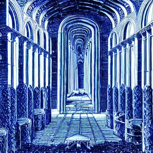 Image similar to ruins of a medieval throne room with all seats replaced by people encased in crystaline prisons, illuminated in blue light by a large crystal, perspective from the entrance, eerie ambience, handdrawn