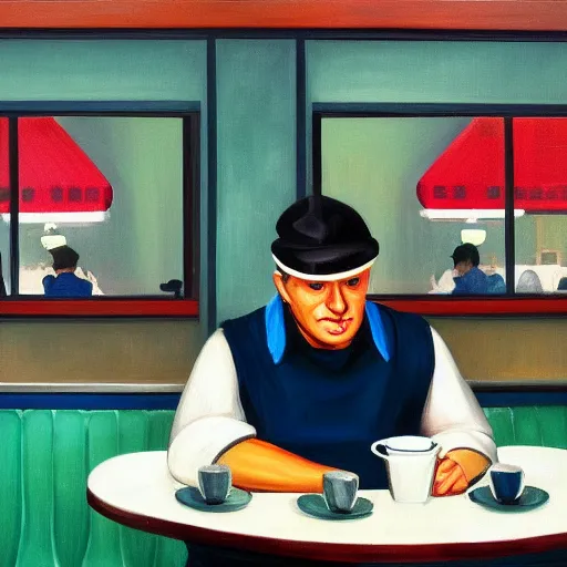 Image similar to a portrait of a sad man in a diner painted in the style of Edward Hopper, 4k,