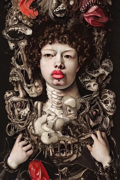 Image similar to Detailed maximalist portrait with large lips and with large eyes, sad exasperated expression, bones, HD mixed media, 3D collage, highly detailed and intricate illustration in the style of Caravaggio, dark art, baroque