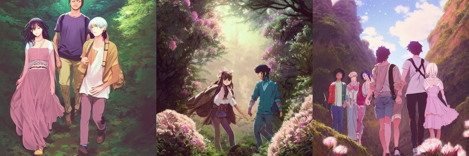 Image similar to a cinematic boy girl traditional romance moment of a group of university friends hiking wearing boho clothing and peonies, full body illustration,bestselling movie art poster, official media, 1970s fashion, official anime media, incredible art by artgerm and greg rutkowski and doja cat