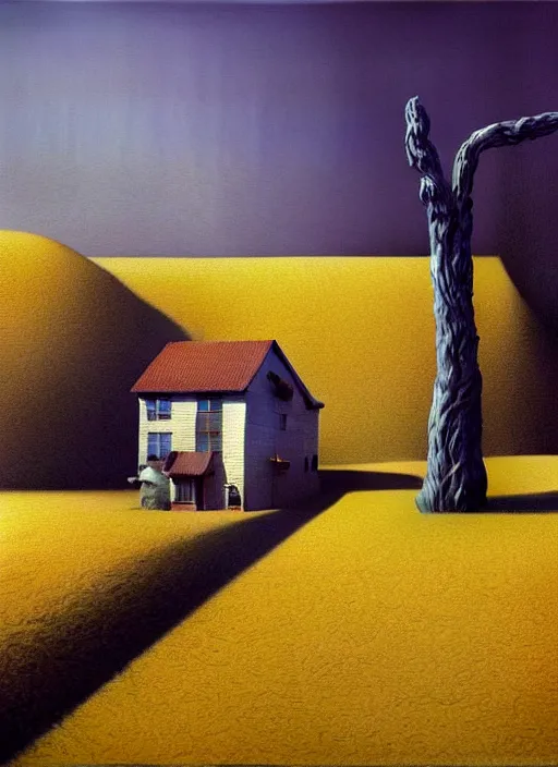 Prompt: hyper detailed 3d render like a Oil painting - the lonely living room, light and shadow, yellow wheat fields and electric poles outside, by Jacek Yerka, Mariusz Lewandowski, Houdini algorithmic generative render, Abstract brush strokes, Masterpiece, Edward Hopper and James Gilleard, Zdzislaw Beksinski, Mark Ryden, Wolfgang Lettl, hints of Yayoi Kasuma, octane render, 8k