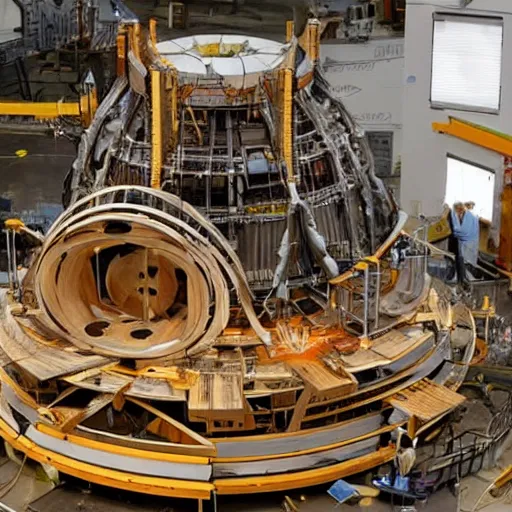 Prompt: photo of leonardo davinci building fusion reactor prototype by using wood and metal plates