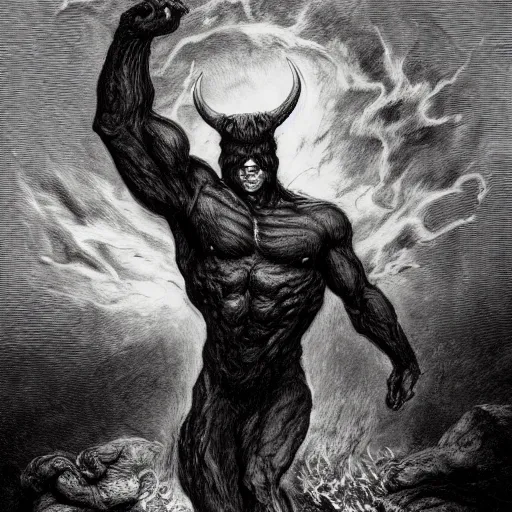 Image similar to full body grayscale drawing by Gustave Dore of muscled humanoid balrog beast with horns in heroic pose, swirling flames in background