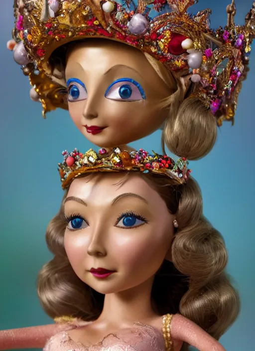 Image similar to closeup face profile portrait of tin toy felicity kendal as a fairytale princess wearing a crown eating cakes, bikini, depth of field, zeiss lens, detailed, symmetrical, centered, fashion photoshoot, by nicoletta ceccoli, mark ryden, lostfish, breathtaking, 8 k resolution, extremely detailed, beautiful, establishing shot, artistic, hyperrealistic, octane render