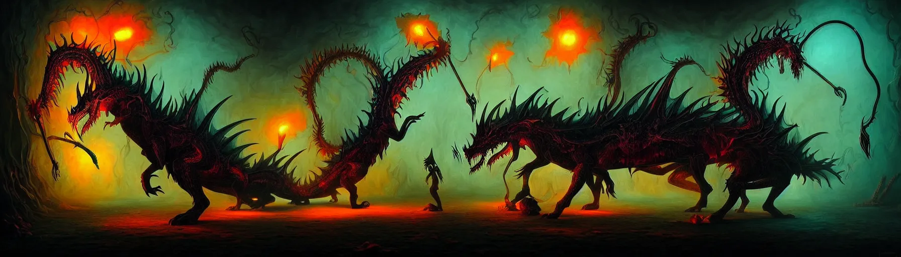 Image similar to strange whimsical alchemical dragons from the depths of the collective unconscious, dark eerie dramatic lighting, detailed and atmospheric surreal darkly colorful painting by ronny khalil