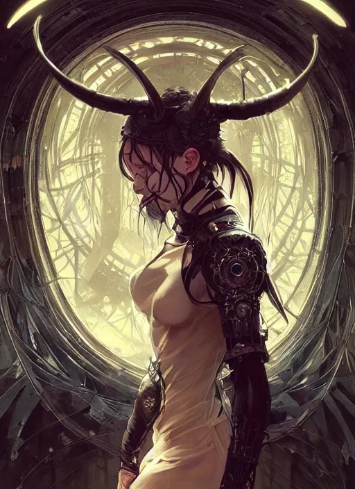 Image similar to a beautiful illustration of a cyberpunk witch with horns in head, intricate, sharp focus, illustration, highly detailed, digital painting, concept art, matte, art by wlop and artgerm and greg rutkowski and alphonse mucha, masterpiece