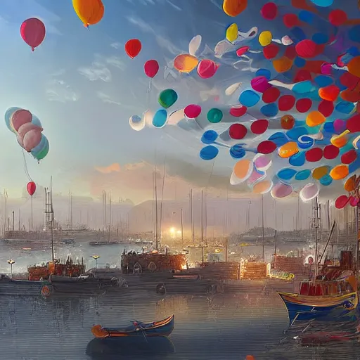 Prompt: digital art of a maritime port in bretagne with giant birthday balloons, artstation cgsociety masterpiece