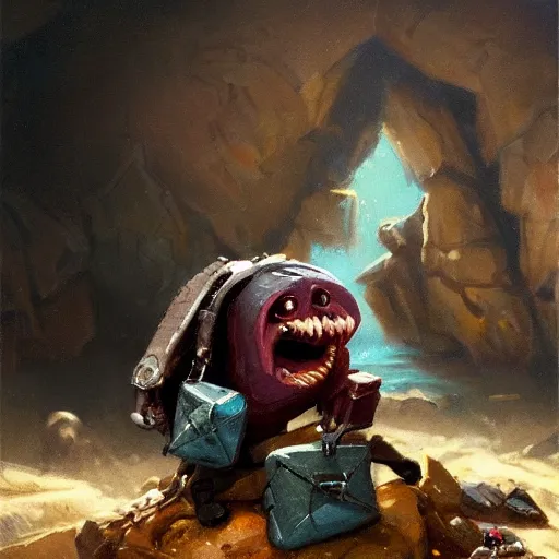 Prompt: Backpack mimic eating gemstones on a treasure pile, oil painting by Greg Rutkowski