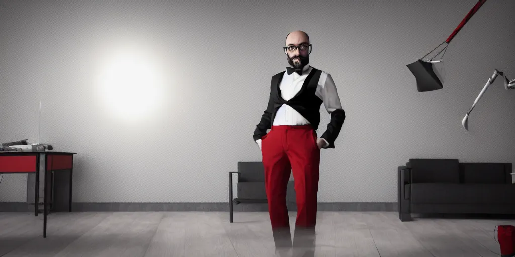 Image similar to gorgeous 3d render of VSauce in a tuxedo and red bow tie ominously standing in a living room, realistic volumetric lighting, realistic reflections, rendered by Octane, highly realistic, 4k wallpaper, trending on Artstation, by Yoshitaka Amano