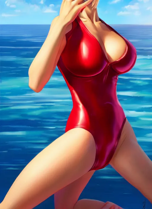 Image similar to 4k 8k photorealistic torso headshot portrait of Scarlett Johansson in tight fit contact red swimsuit reflective; @@Evangelion@@ anime. Beach vacation scene. by James Jean, Zac Retz, pixiv