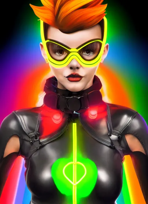 Image similar to full bod digital illustration portrait of tracer overwatch, confident pose, full body, full body, wearing black jagged iridescent rainbow latex armor, rainbow, neon, 4 k, expressive surprised expression, makeup, wearing large rainbow neon choker, studio lighting, acid, trippy, black leather harness, expressive detailed face and eyes,