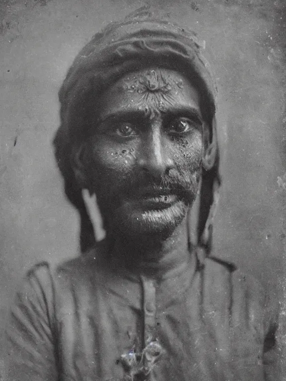 Image similar to portrait of hindu death god, ww1 photo, grainy, high detail, high resolution,