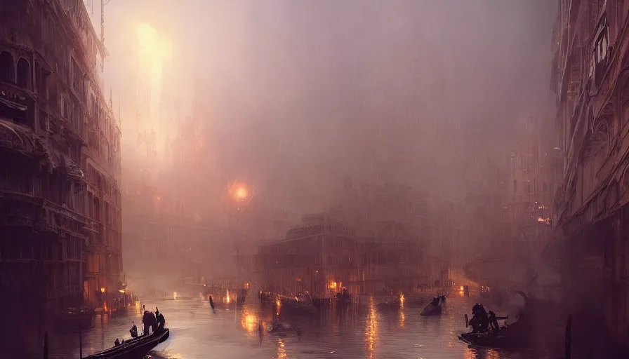 Prompt: Dieselpunk Venice city, steam, dieselpunk gondola, oil petroleum black rivers, epic composition, intricate, elegant, volumetric lighting, digital painting, highly detailed, artstation, sharp focus, illustration, concept art, ruan jia, steve mccurry