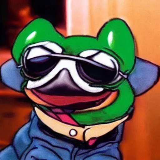 Image similar to pepe the frog head from 4chan on the body of a cartoon dog wearing a leather jacket and jeans