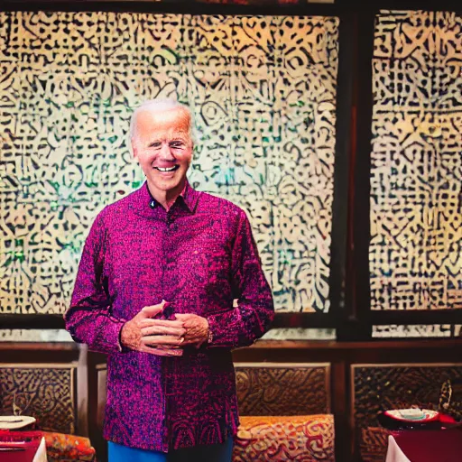 Prompt: A Photo Portrait of Joe Biden Wearing Indonesian Batik Tulis at a fancy Balinese restaurant, award winning photography, sigma 85mm Lens F/1.4, blurred background, perfect faces