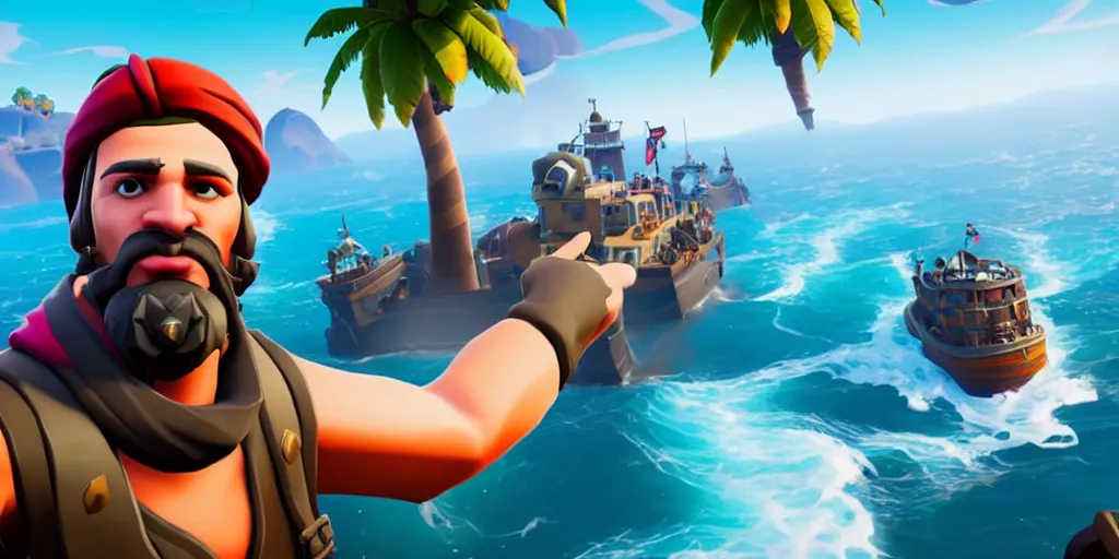 Image similar to selfie of a fortnite character in sea of thieves, sea of thieves screenshot, storm, unreal engine, digital art