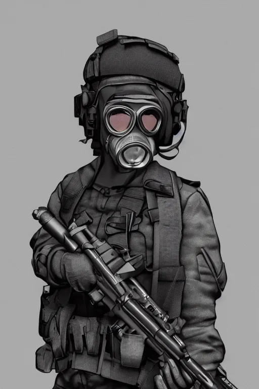 Image similar to british sas female operative with the standard s 1 0 gas mask and the black uniform, 8 0 s, artstation, trending on artstation, establishing shot