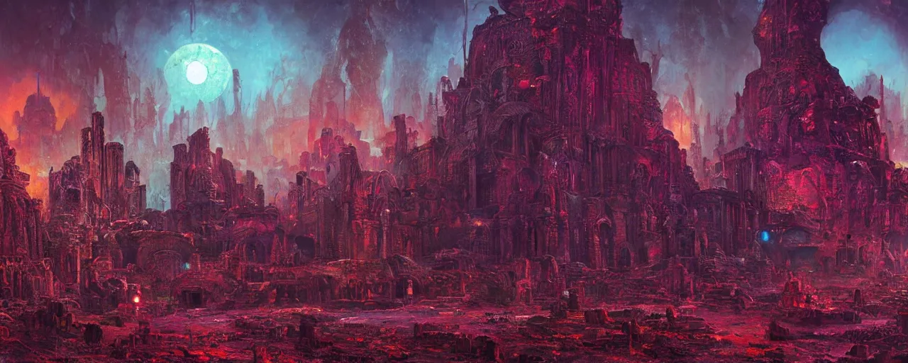 Image similar to ” ancient ruins of an alien cathedral, [ cinematic, detailed, epic, widescreen, opening, establishing, mattepainting, photorealistic, realistic textures, octane render, art by paul lehr ] ”