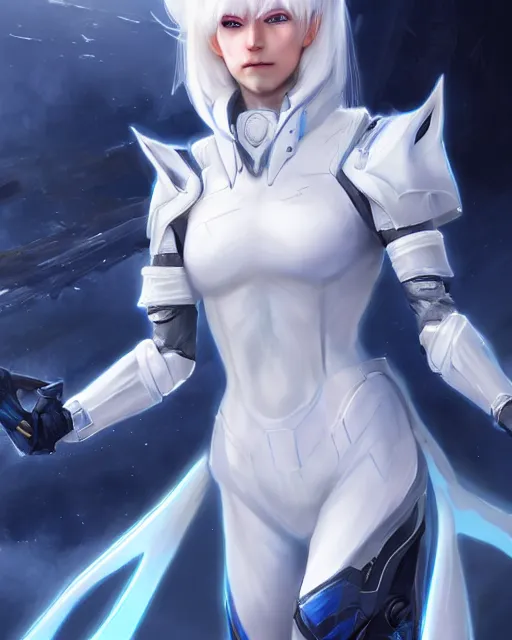 Prompt: perfect white haired girl, warframe armor, beautiful, pretty face, blue eyes, detailed, windy weather, scifi, smiling, platform, laboratory, experiment, 4 k, ultra realistic, epic lighting, glow, high detail, masterpiece, by akihito tsukushi, charlie bowater, ross tran