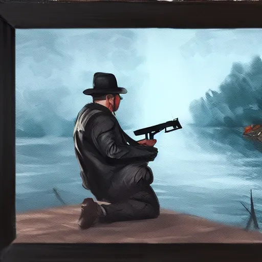 Prompt: mafia smuggling guns at the river, in the woods, at night, oil painting, dramatic, cinematic, artstation