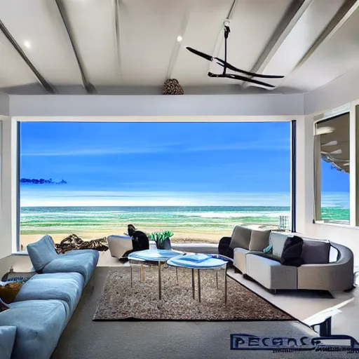 Image similar to contemporary interior design, beach house with luxurious living room and a scenic view of the sea and sun, photorealistic, ultra-detailed, high resolution, HDR shot