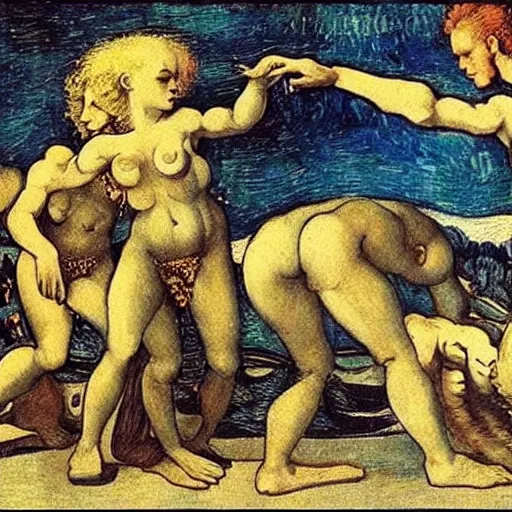 Image similar to dancing punks on the moon, illustration, leonardo da vinci, van gogh, hugo, marilyn monroe