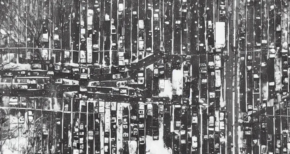 Prompt: aerial image of a street in the winter, black and white photograph by andre kertesz