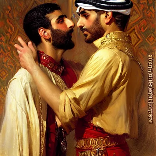 Prompt: attractive arab king in love with his attractive male prince. highly detailed painting by gaston bussiere, craig mullins, j. c. leyendecker