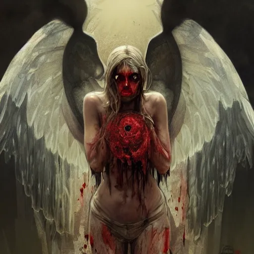 Image similar to portrait of a fallen angel, bloody wings, face covered in dirt and blood, crying, intricate, headshot, highly detailed, digital painting, artstation, concept art, sharp focus, cinematic lighting, illustration, art by artgerm and greg rutkowski, alphonse mucha, cgsociety