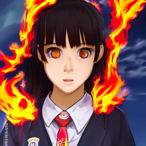 Image similar to Portrait of a Japanese schoolgirl with short hair in school uniform causing flames in a moment of rage with GUNDAM on background, ultra detailed, artstation, 8k, photorealistic, digital art.