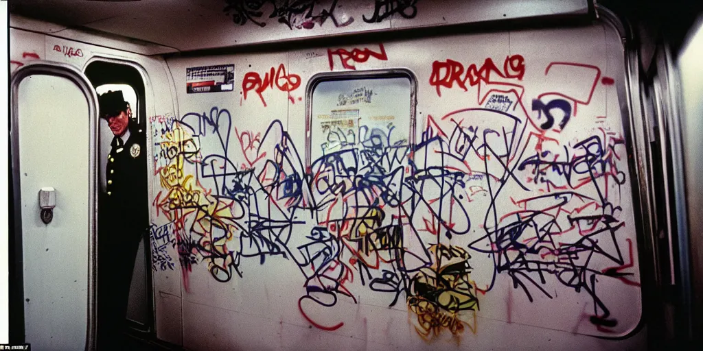 Image similar to new york subway cabin 1 9 8 0 s inside all in graffiti, 1 9 8 0 s policeman with the k - 9 dog, coloured film photography, christopher morris photography, bruce davidson photography