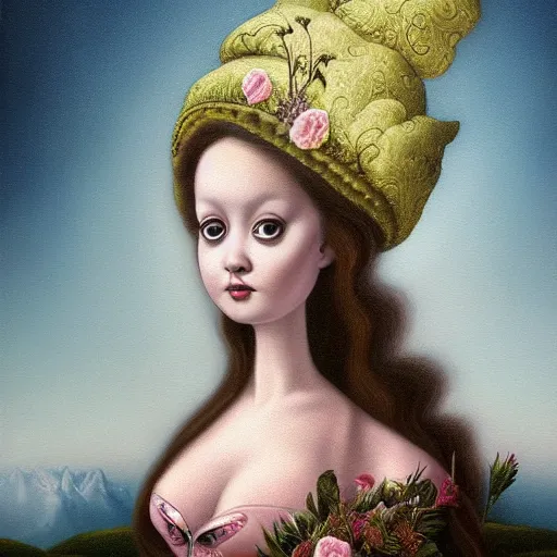 Image similar to a beautiful detailed portrait painting by Mark Ryden of the crazy noble in a serene landscape, rococo